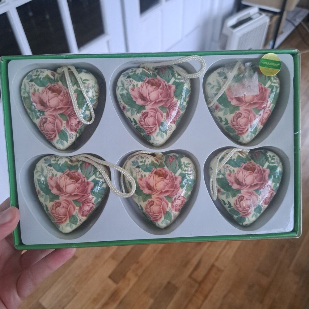 Vintage Lot Of 6 Decoupage Rose Heart Victorian Rose Ornaments 3.25" Pink Green